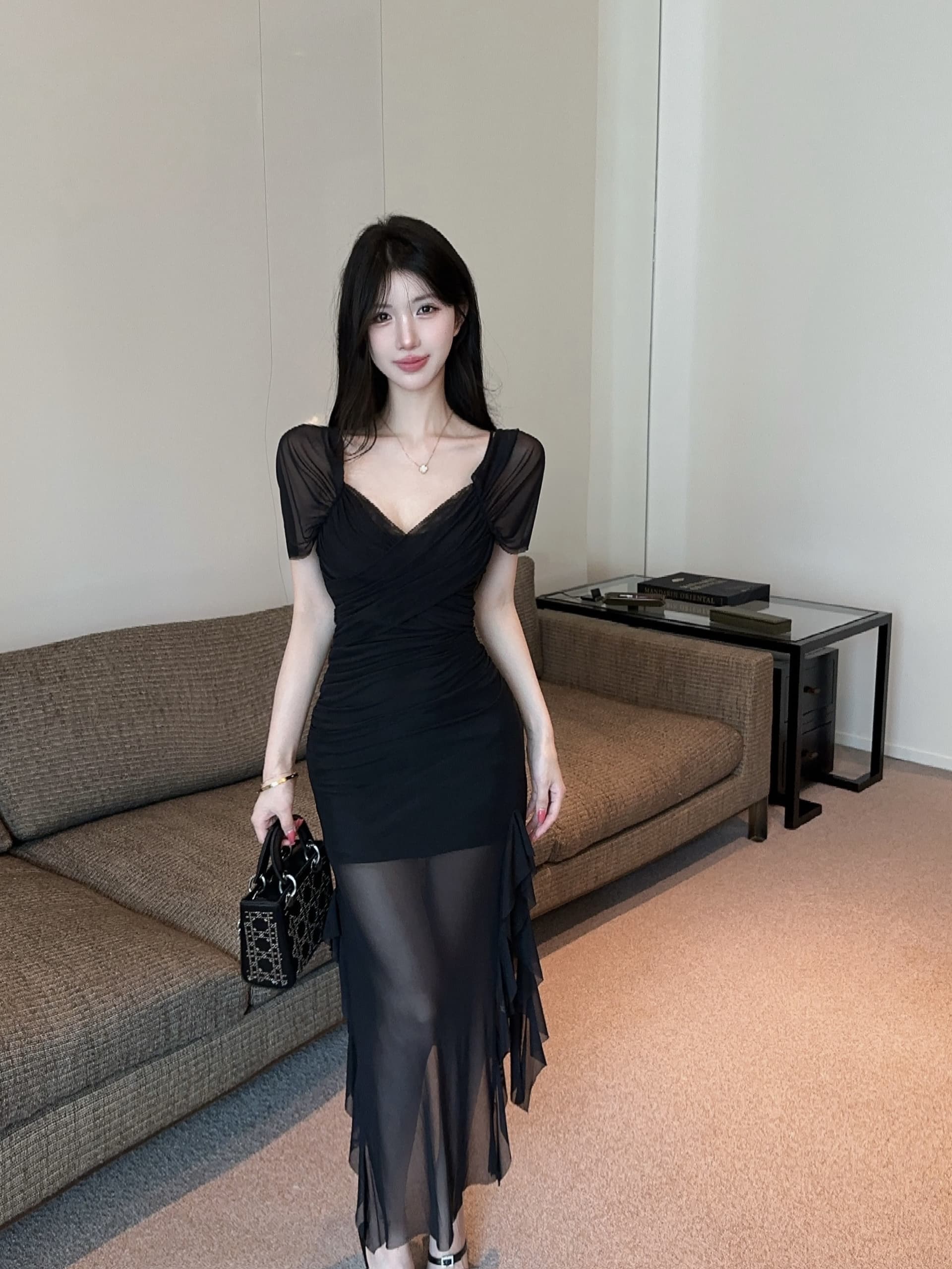 실사 순수한 욕망 바람 보라색 슬립 오프숄더 여성 드레스 허리 수축 슬림해 보이는 주름 망사 인어 꼬리 롱 코트 드레스 상세 이미지 21