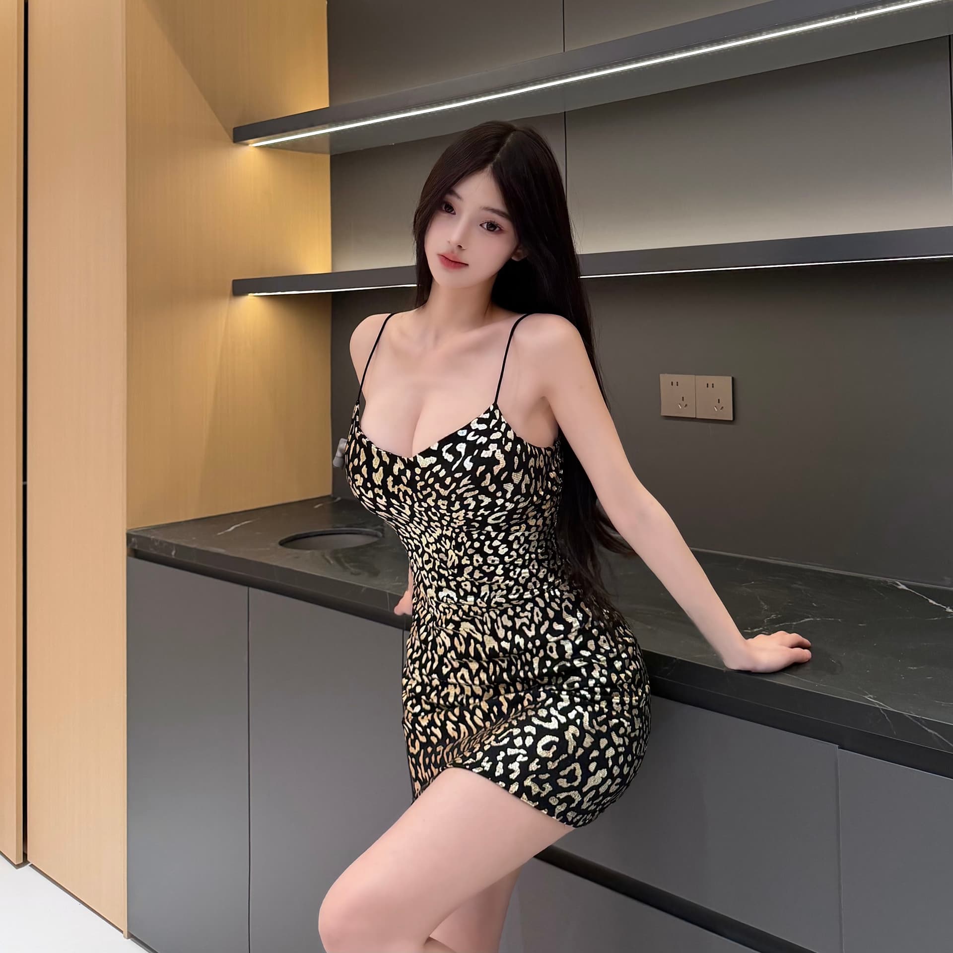실사 핫걸 섹시함 슬립 여성 드레스 다림질 금박 레오파드 무늬 망사 허리 수축 슬림해 보이는 핫걸 타이트 스커트 미니 스커트 상세 이미지 5