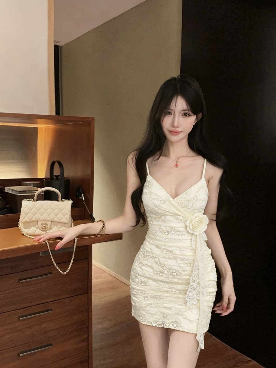 실사 배색 레이스 슬립 드레스 순수한 욕망 바람 V넥 낮은 가슴 주름 몸매 가꾸기 슬림해 보이는 핫걸 타이트 스커트 미니 스커트 상세 이미지 30