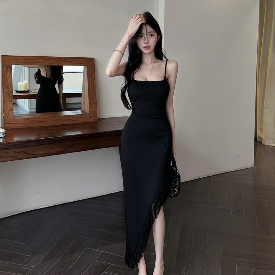 실사 광장 칼라 슬립 불규칙 타이트 스커트 허리 수축 슬림해 보이는 품격 명문 여성 바람 몸매 가꾸기 중간 길이 드레스 이미지 3