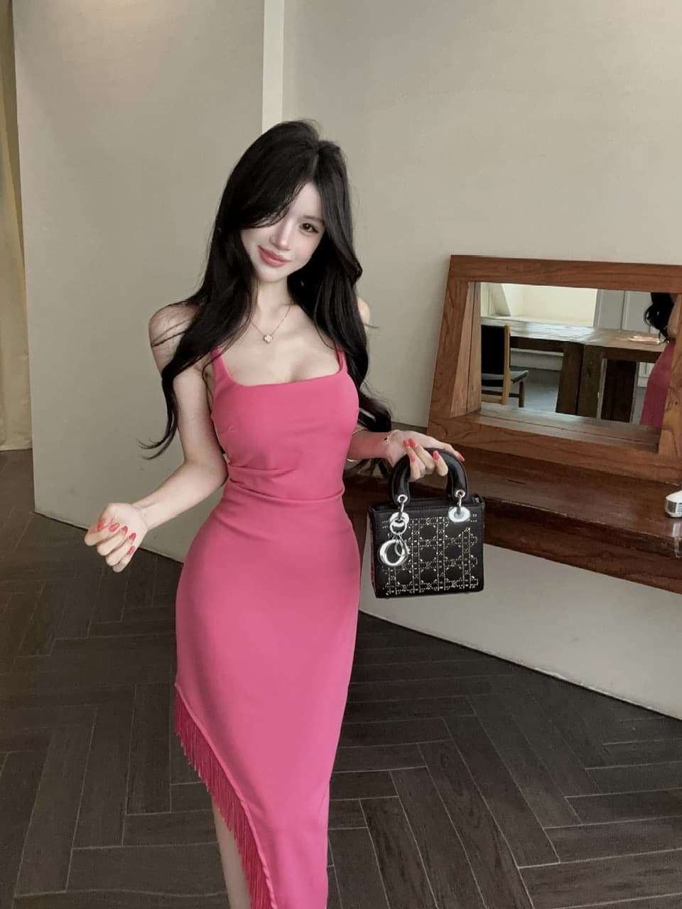실사 광장 칼라 슬립 불규칙 타이트 스커트 허리 수축 슬림해 보이는 품격 명문 여성 바람 몸매 가꾸기 중간 길이 드레스 상세 이미지 5