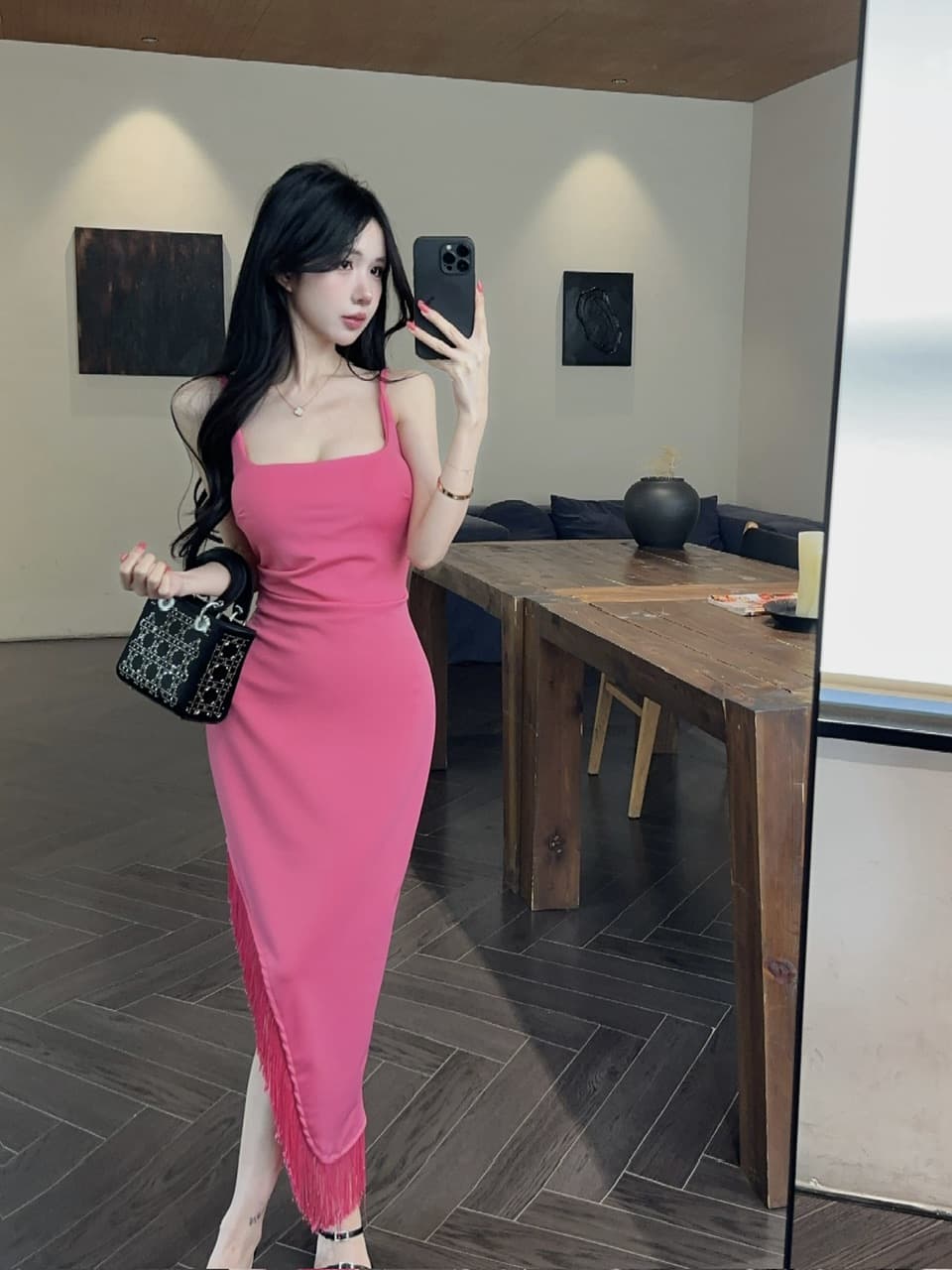 실사 광장 칼라 슬립 불규칙 타이트 스커트 허리 수축 슬림해 보이는 품격 명문 여성 바람 몸매 가꾸기 중간 길이 드레스 상세 이미지 6