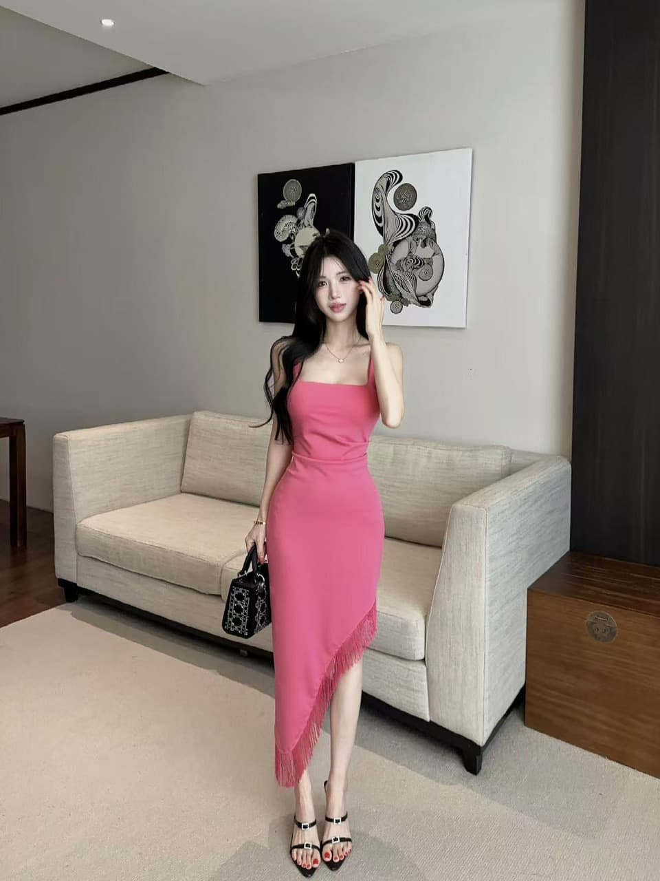 실사 광장 칼라 슬립 불규칙 타이트 스커트 허리 수축 슬림해 보이는 품격 명문 여성 바람 몸매 가꾸기 중간 길이 드레스 상세 이미지 11