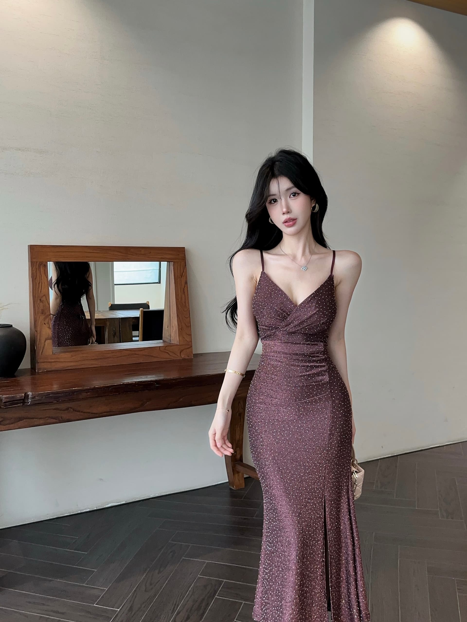 실사 고급 센스 빛 럭셔리 핫픽스 슬립 드레스 명문 여성 품격 허리 수축 슬림해 보이는 트임 인어 꼬리 예복 롱 스커트 상세 이미지 16
