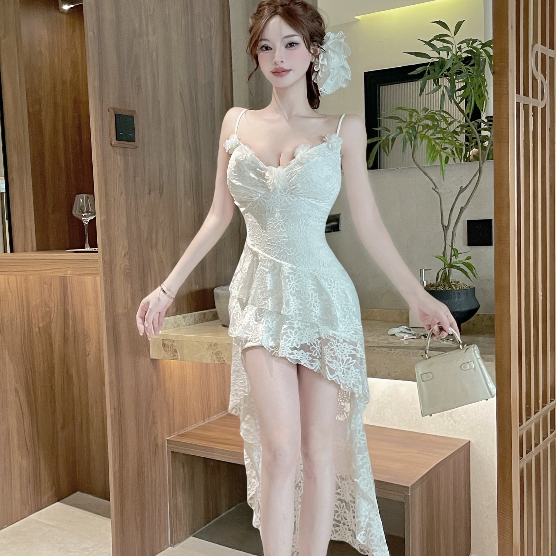 실사 순수한 욕망 바람 레이스 슬립 드레스 3 차원 꽃 허리 수축 슬림해 보이는 제비꼬리 불규칙 케이크 드레스 이미지 5