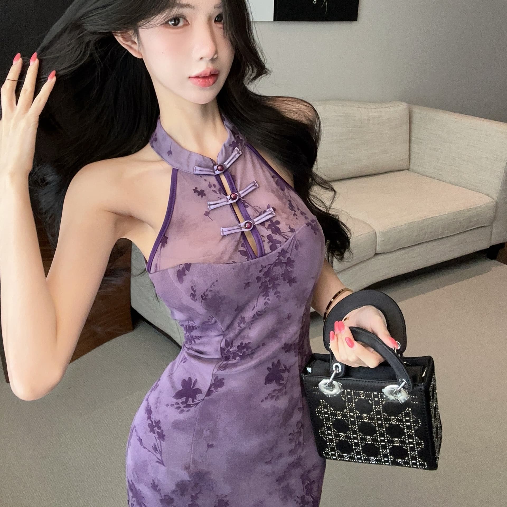 실사 새로운 중식 보라색 개선 치파오 여성 드레스 여름 고급 센스 섹시함 순수한 욕망 행침 목 타이트 스커트 롱 스커트 이미지 4