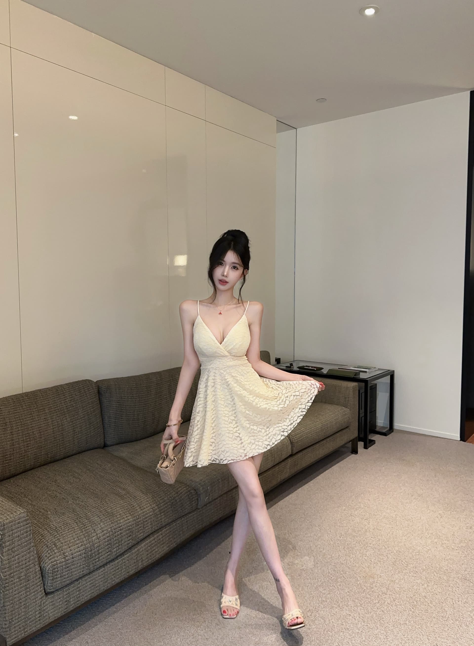 실사 순수한 욕망 바람 V넥 레이스 슬립 드레스 허리 수축 슬림해 보이는 한 마디 미니 스커트 섹시함 핫걸 데이트 작은 드레스 상세 이미지 30