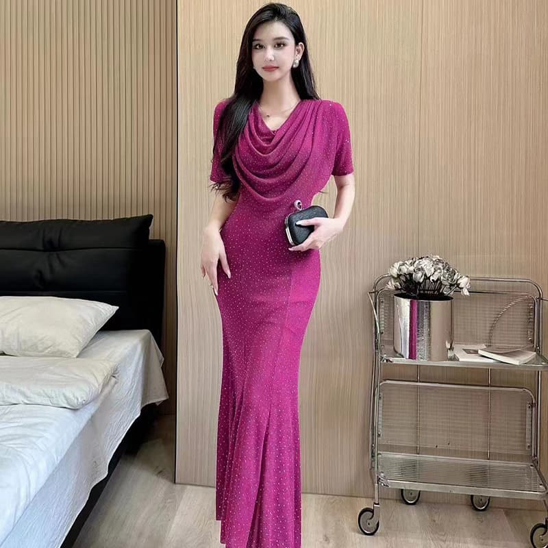 실사 흔들다 칼라 핫픽스 반팔 드레스 품격 허리 수축 슬림해 보이는 타이트 스커트 인어 꼬리 예복 치마 빛 럭셔리 명문 여성 롱 스커트 이미지 2