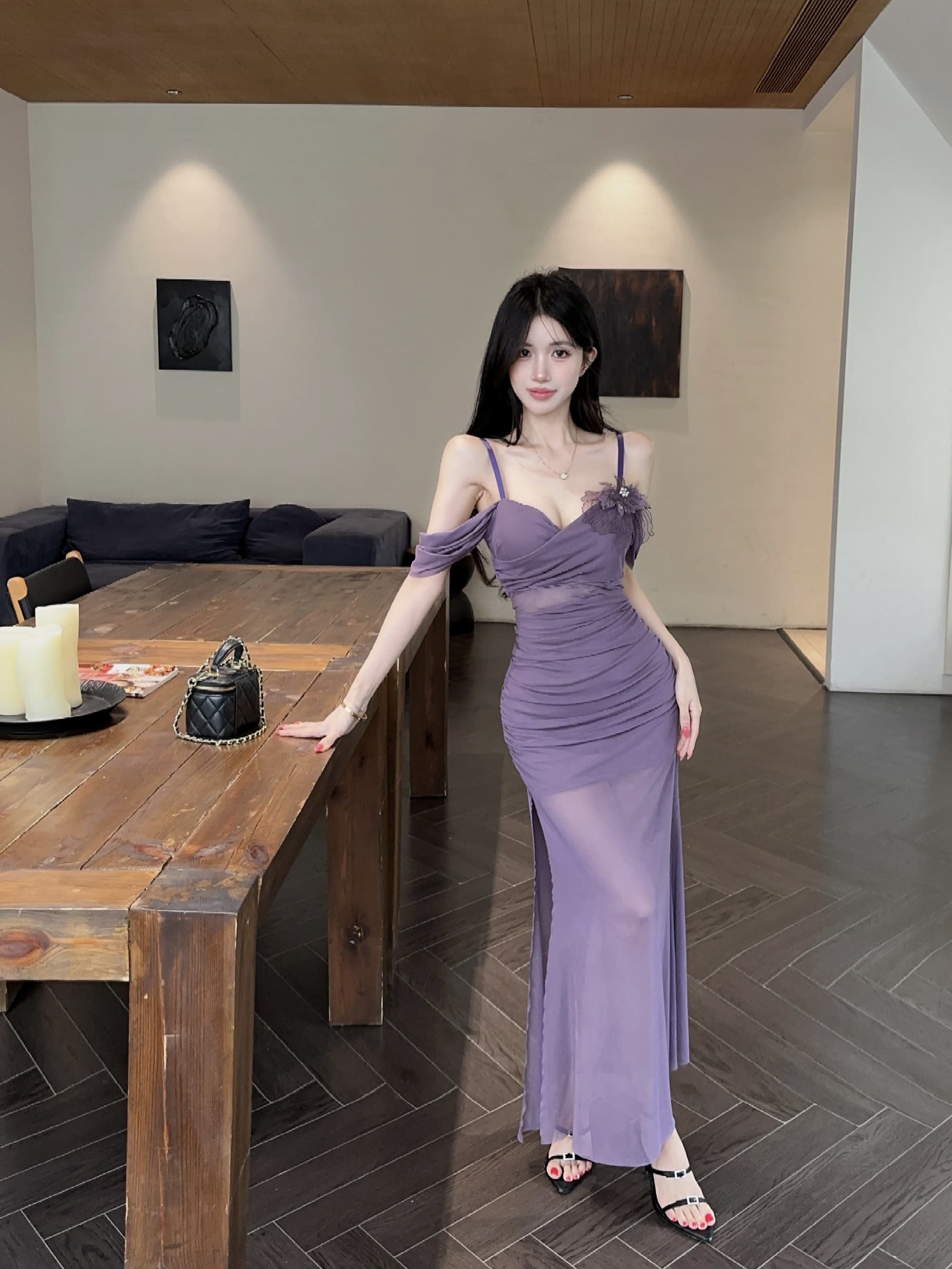 실사 순수한 욕망 바람 망사 슬립 드레스 허리 수축 슬림해 보이는 주름 오프숄더 트임 롱 코트 품격 데이트 예복 상세 이미지 11