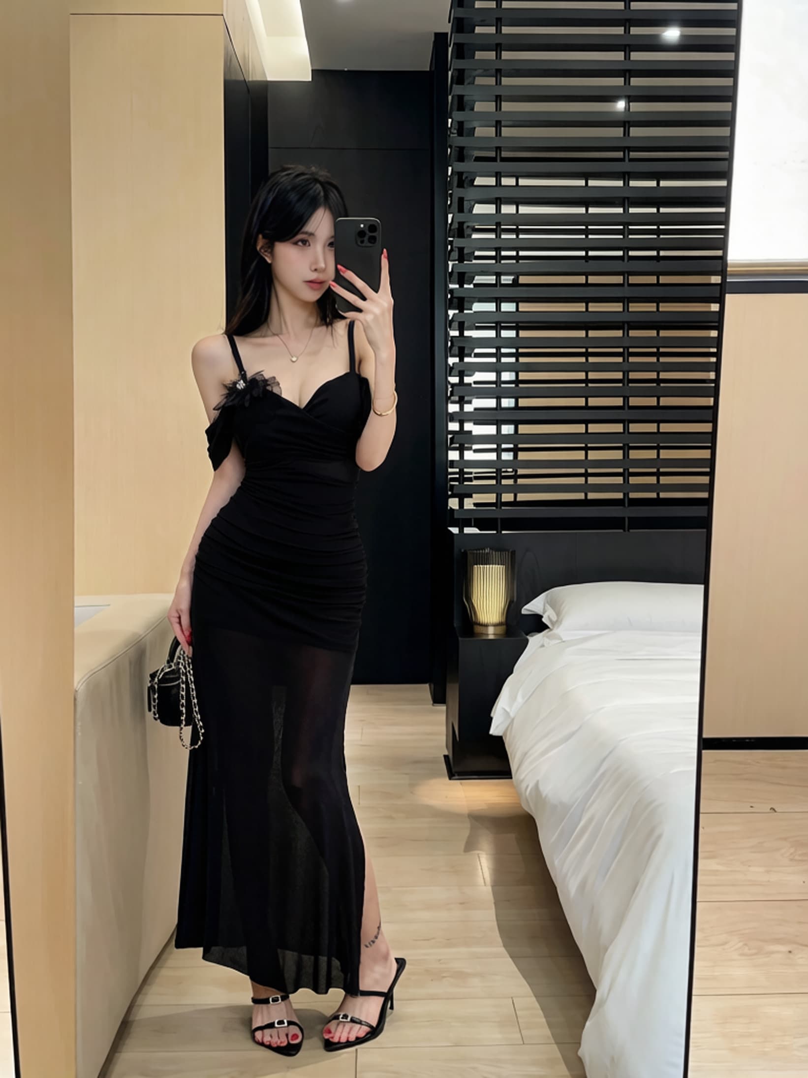 실사 순수한 욕망 바람 망사 슬립 드레스 허리 수축 슬림해 보이는 주름 오프숄더 트임 롱 코트 품격 데이트 예복 상세 이미지 19