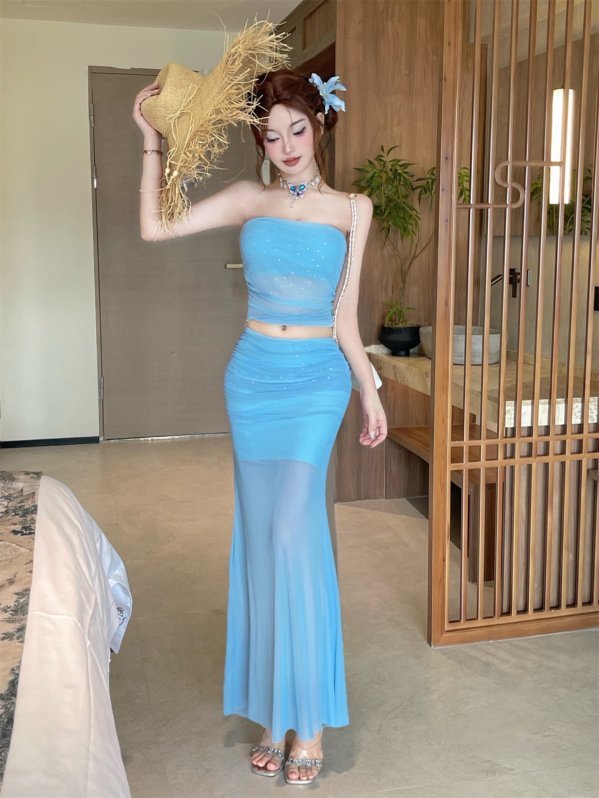 실사 순수한 욕망 핫걸 바람 핫픽스 망사 튜브탑 세트 해변가 휴가 몸매 가꾸기 인어 꼬리 스커트 투피스 세트 상세 이미지 11