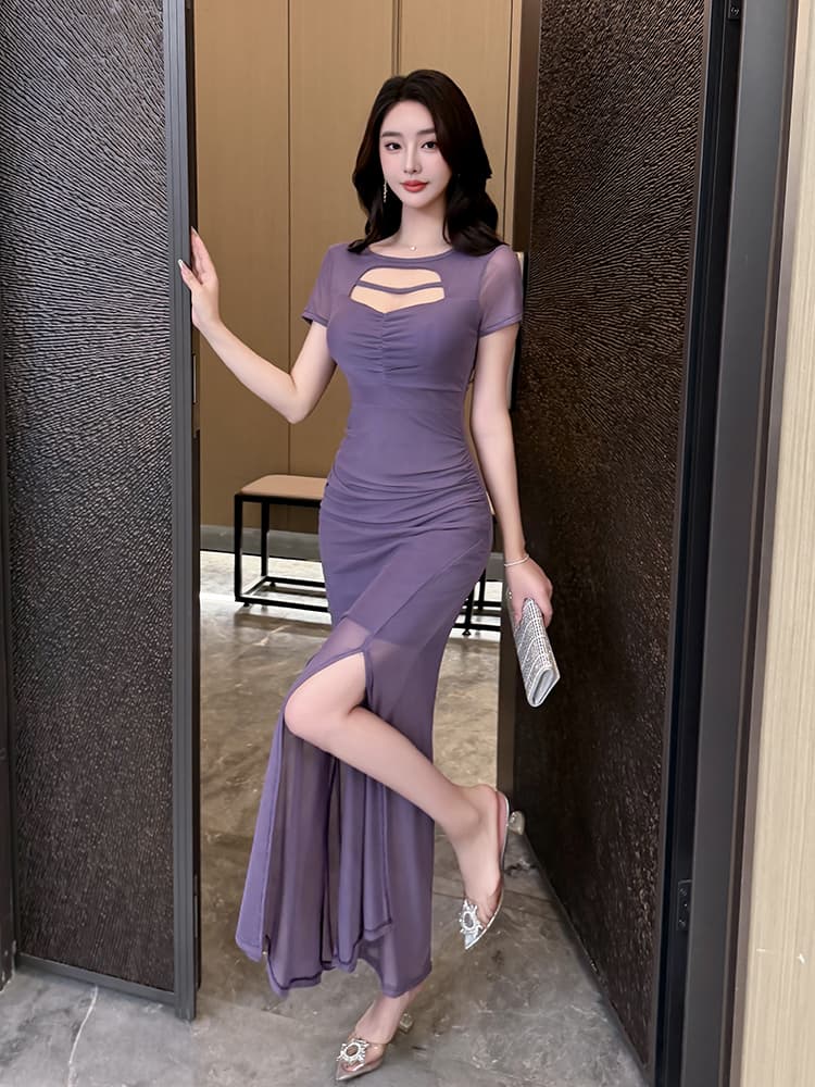 실사 순수한 욕망 바람 홀로우 아웃 망사 드레스 트임 허리 수축 슬림해 보이는 주름 몸매 가꾸기 품격 롱 코트 치마 상세 이미지 6