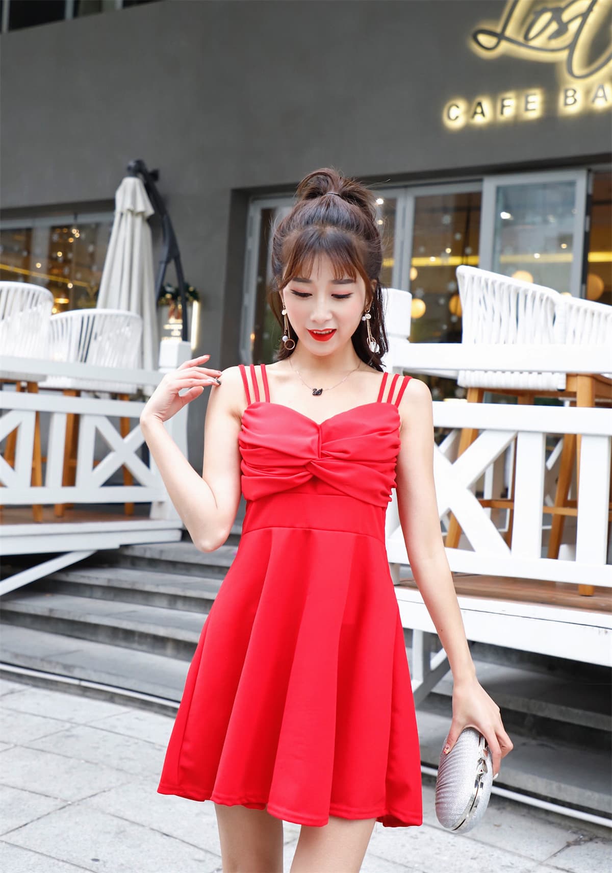 실사 비틀림 v 칼라 더블 슬립 드레스 허리 수축 슬림해 보이는 a 단어 진자 쇼트 스타일 작은 드레스 상세 이미지 20