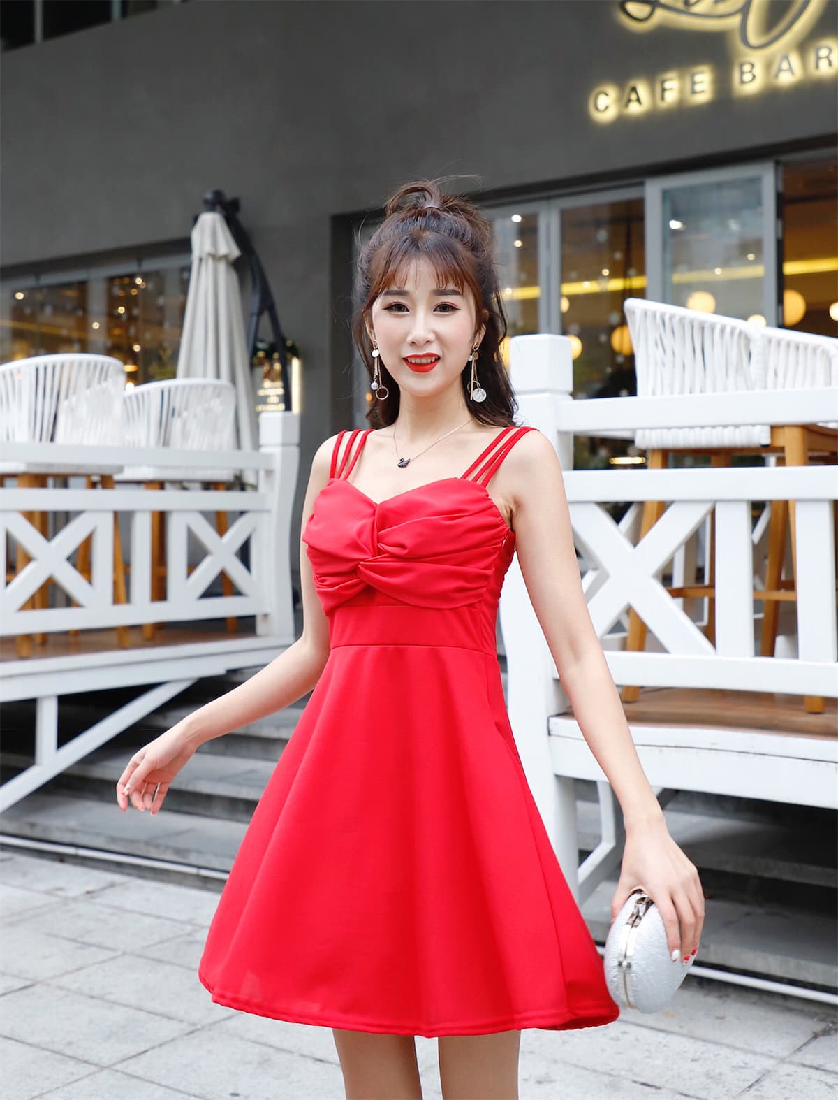 실사 비틀림 v 칼라 더블 슬립 드레스 허리 수축 슬림해 보이는 a 단어 진자 쇼트 스타일 작은 드레스 상세 이미지 21
