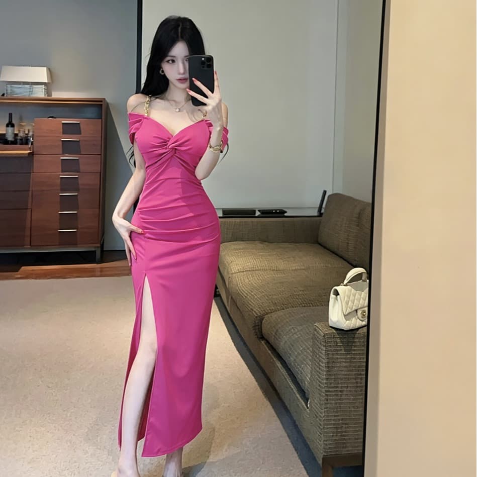 실사 빛 요리 한 바람 체인 오프숄더 드레스 몸매 가꾸기 슬림해 보이는 트임 타이트 스커트 롱 스커트 야간 필드 기술자 이브닝 드레스
