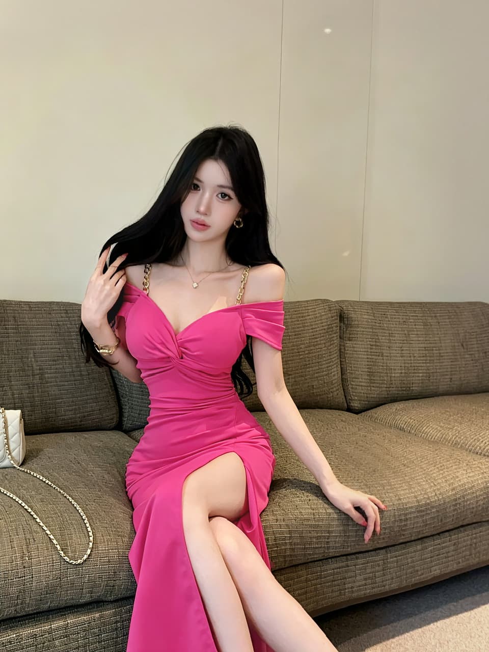 실사 빛 요리 한 바람 체인 오프숄더 드레스 몸매 가꾸기 슬림해 보이는 트임 타이트 스커트 롱 스커트 야간 필드 기술자 이브닝 드레스 상세 이미지 3