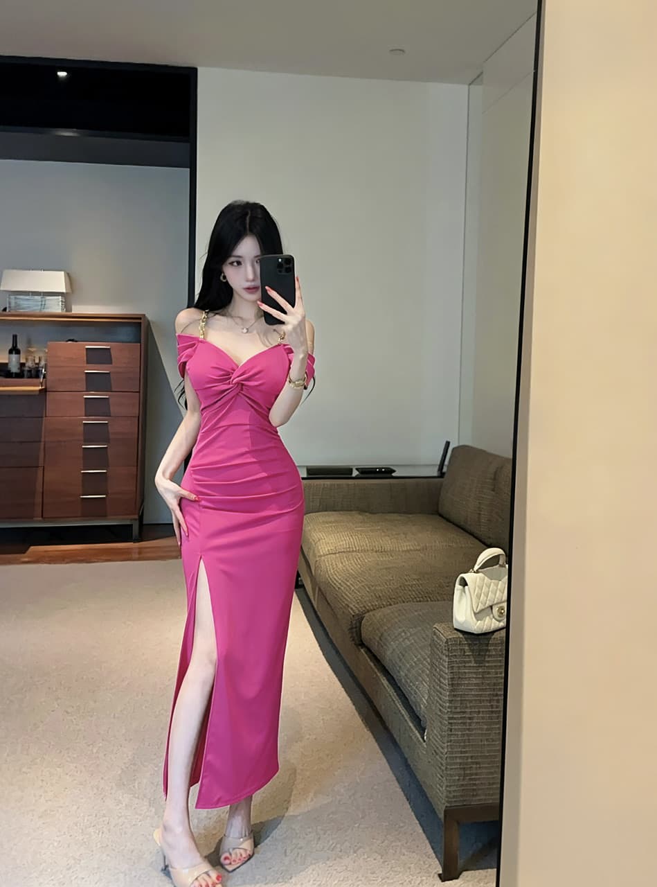 실사 빛 요리 한 바람 체인 오프숄더 드레스 몸매 가꾸기 슬림해 보이는 트임 타이트 스커트 롱 스커트 야간 필드 기술자 이브닝 드레스 상세 이미지 4