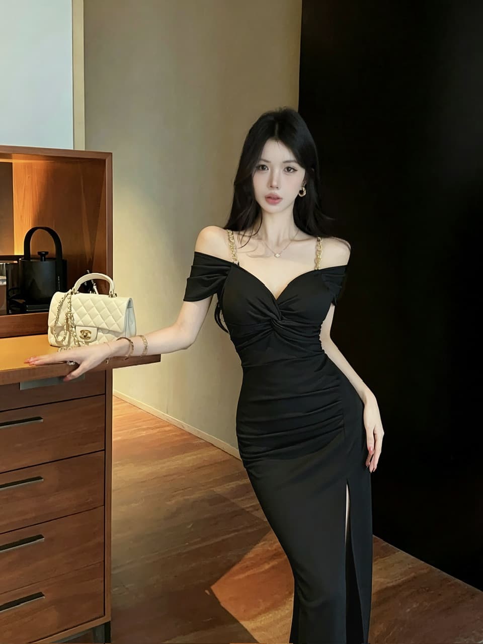 실사 빛 요리 한 바람 체인 오프숄더 드레스 몸매 가꾸기 슬림해 보이는 트임 타이트 스커트 롱 스커트 야간 필드 기술자 이브닝 드레스 상세 이미지 7
