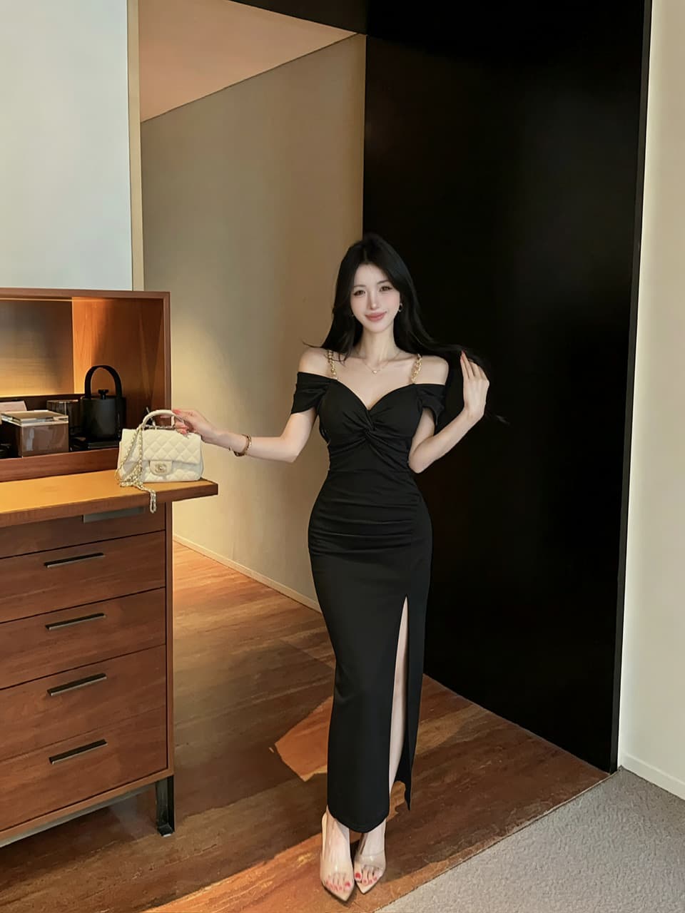 실사 빛 요리 한 바람 체인 오프숄더 드레스 몸매 가꾸기 슬림해 보이는 트임 타이트 스커트 롱 스커트 야간 필드 기술자 이브닝 드레스 상세 이미지 8