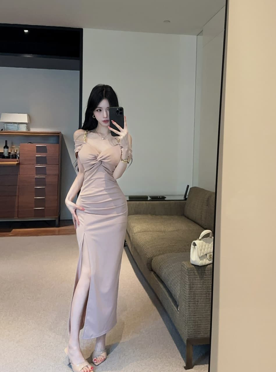 실사 빛 요리 한 바람 체인 오프숄더 드레스 몸매 가꾸기 슬림해 보이는 트임 타이트 스커트 롱 스커트 야간 필드 기술자 이브닝 드레스 상세 이미지 13