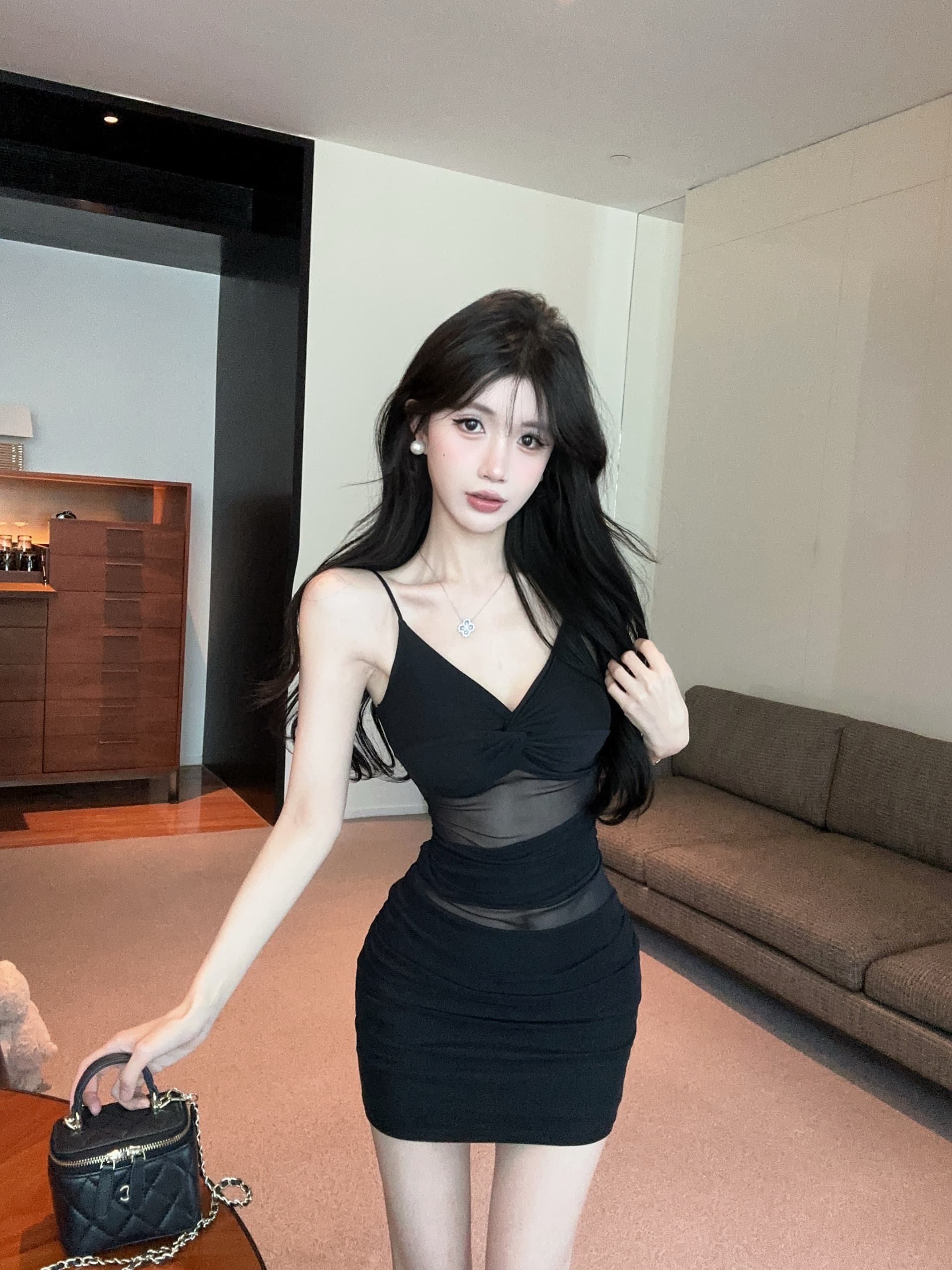 실사 순수한 욕망 바람 망사 패치워크 슬립 드레스 V넥 비틀림 주름 허리 수축 슬림해 보이는 핫걸 타이트 스커트 미니 스커트 상세 이미지 14