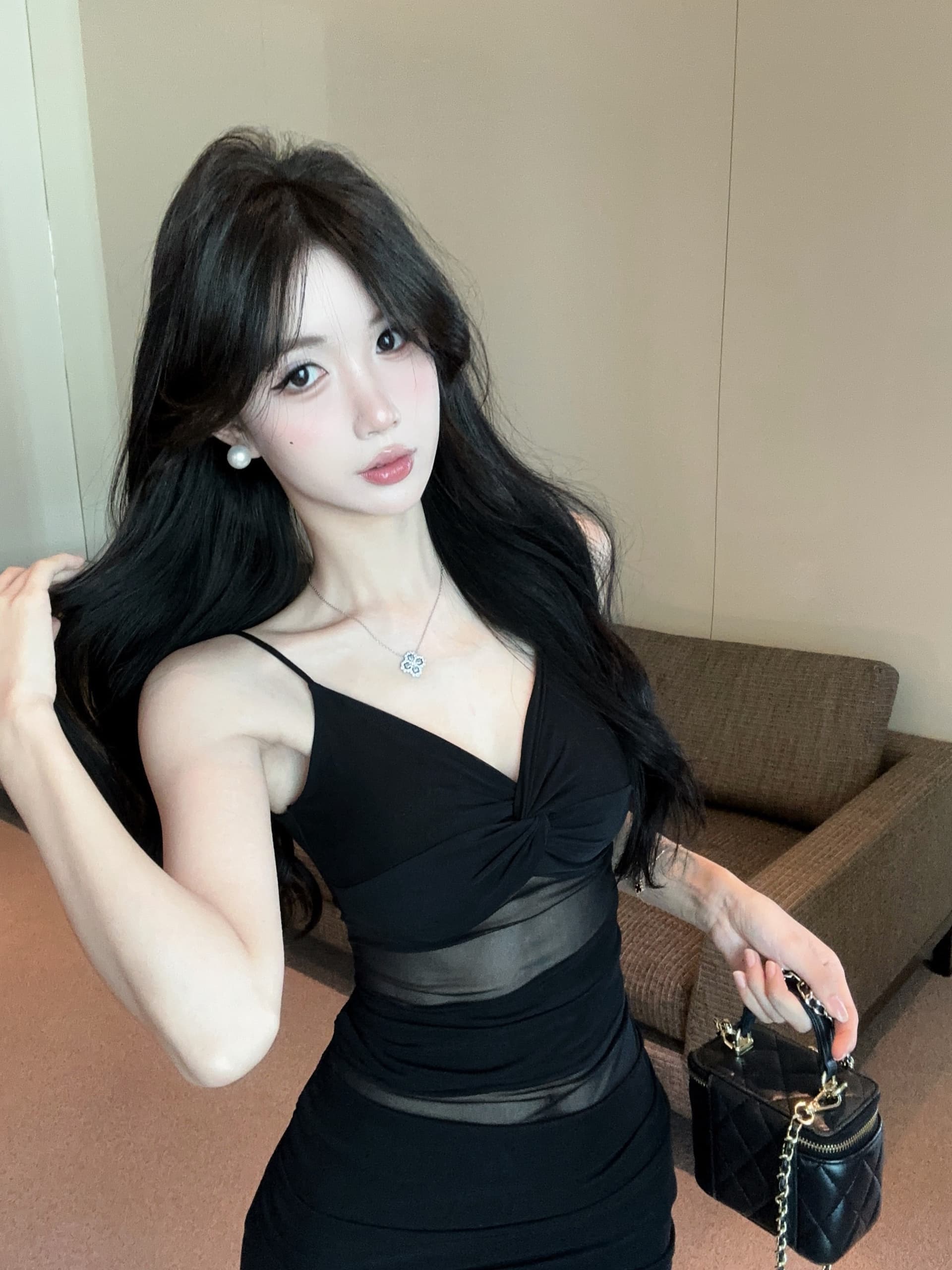 실사 순수한 욕망 바람 망사 패치워크 슬립 드레스 V넥 비틀림 주름 허리 수축 슬림해 보이는 핫걸 타이트 스커트 미니 스커트 상세 이미지 16