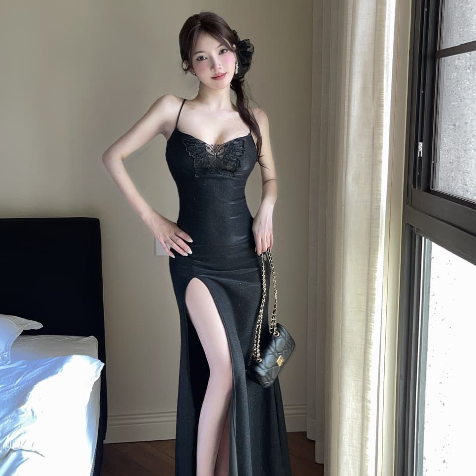 실사 핫걸 나비 레이스 슬립 드레스 섹시함 허리 수축 디스플레이 슬림 트임 타이트 스커트 롱 코트 예복 치마