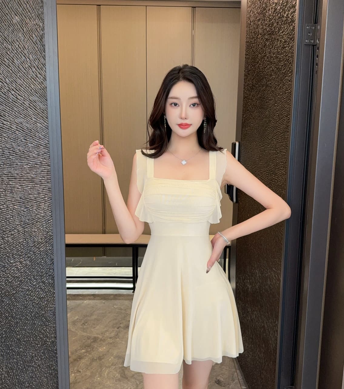 실사 부드러운 바람 광장 칼라 망사 여성 드레스 여름 새로운 허리 수축 슬림해 보이는 품격 작은 날다 소매 한 마디 미니 스커트 상세 이미지 3