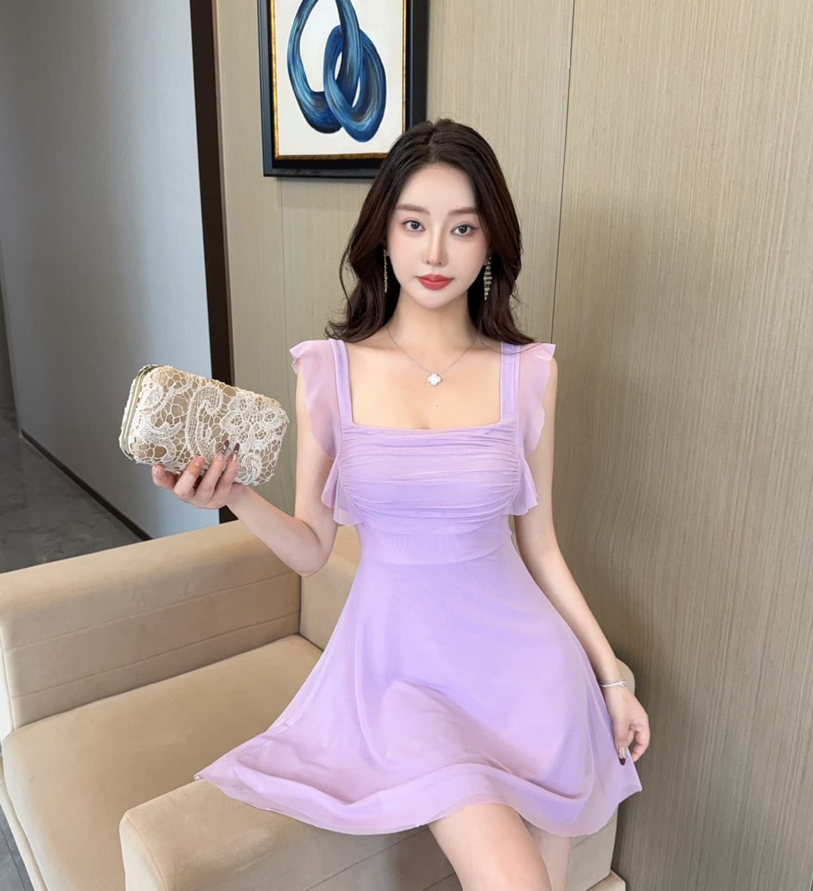 실사 부드러운 바람 광장 칼라 망사 여성 드레스 여름 새로운 허리 수축 슬림해 보이는 품격 작은 날다 소매 한 마디 미니 스커트 상세 이미지 19
