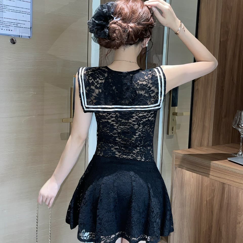 실사 일본식 학원 스타일 레이스 여성 드레스 v 칼라 나비 매듭 허리 수축 슬림해 보이는 a 단어 미니 스커트 이미지 4