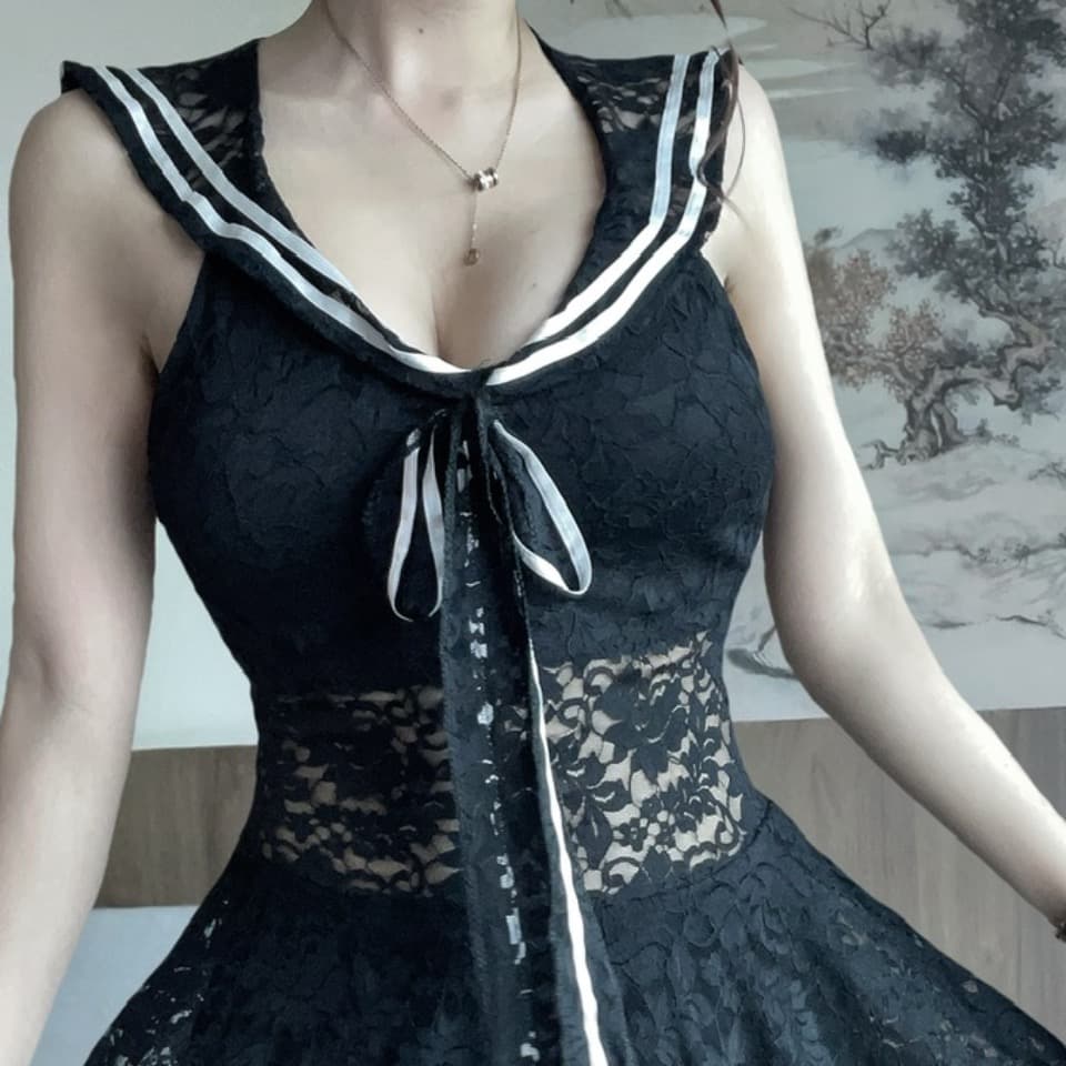실사 일본식 학원 스타일 레이스 여성 드레스 v 칼라 나비 매듭 허리 수축 슬림해 보이는 a 단어 미니 스커트 이미지 5
