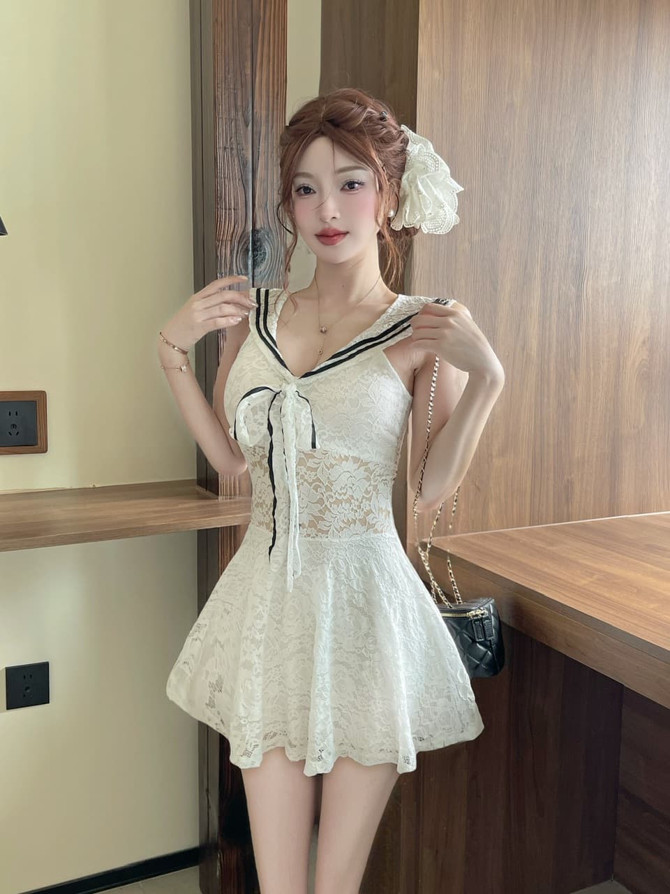 실사 일본식 학원 스타일 레이스 여성 드레스 v 칼라 나비 매듭 허리 수축 슬림해 보이는 a 단어 미니 스커트 상세 이미지 14