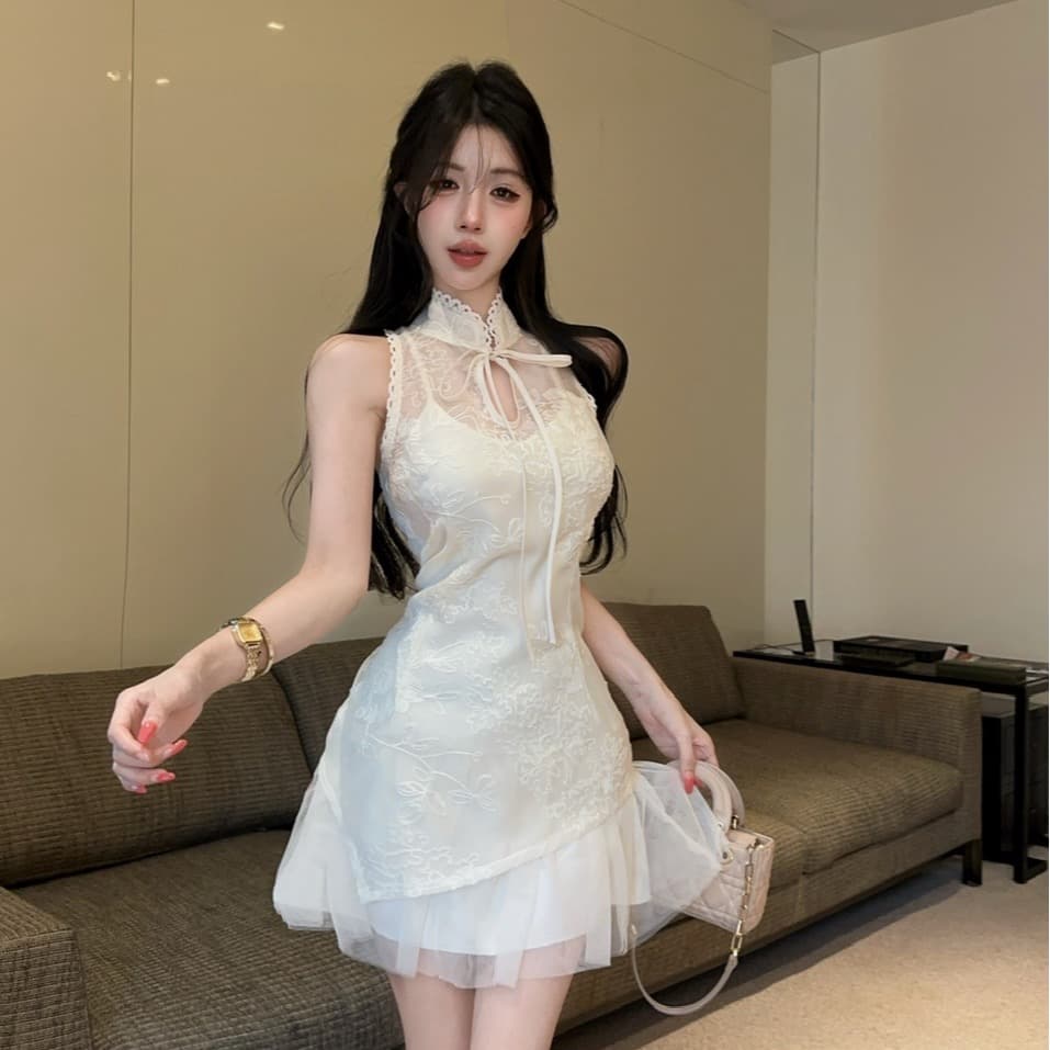 실사 새로운 중식 행침 목 개선 치파오 여성 드레스 레이스 허리 수축 망사 불규칙 순수한 욕망 미니 스커트