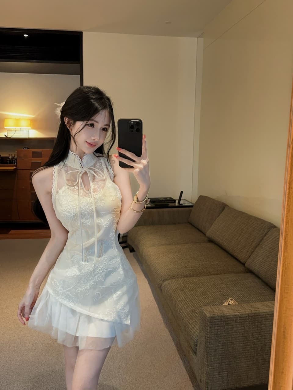 실사 새로운 중식 행침 목 개선 치파오 여성 드레스 레이스 허리 수축 망사 불규칙 순수한 욕망 미니 스커트 상세 이미지 5