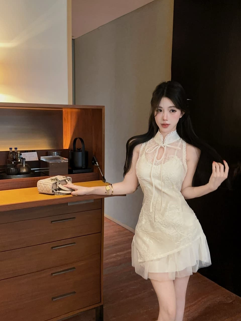 실사 새로운 중식 행침 목 개선 치파오 여성 드레스 레이스 허리 수축 망사 불규칙 순수한 욕망 미니 스커트 상세 이미지 11