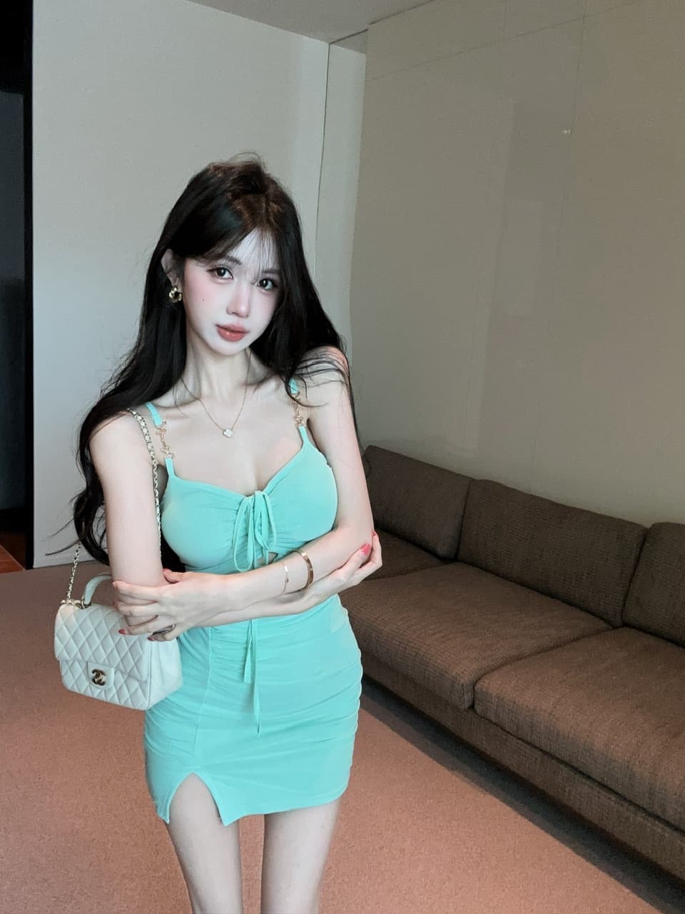 실사 순수한 욕망 금속 체인 어깨끈 행침 목 치마 작은 심장 기계 가슴 홀로우 아웃 주름 슬림해 보이는 트임 타이트 스커트 미니 스커트 상세 이미지 12