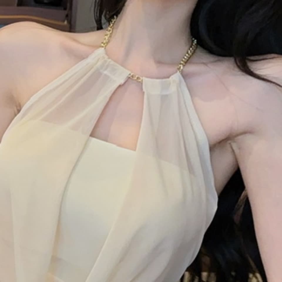 실사 분위기 센스 핫걸 행침 목 치마 금속 훈련 사슬 행침 목 흔들다 칼라 홀로우 아웃 주름 슬림해 보이는 타이트 스커트 만나는 미니 스커트 이미지 3