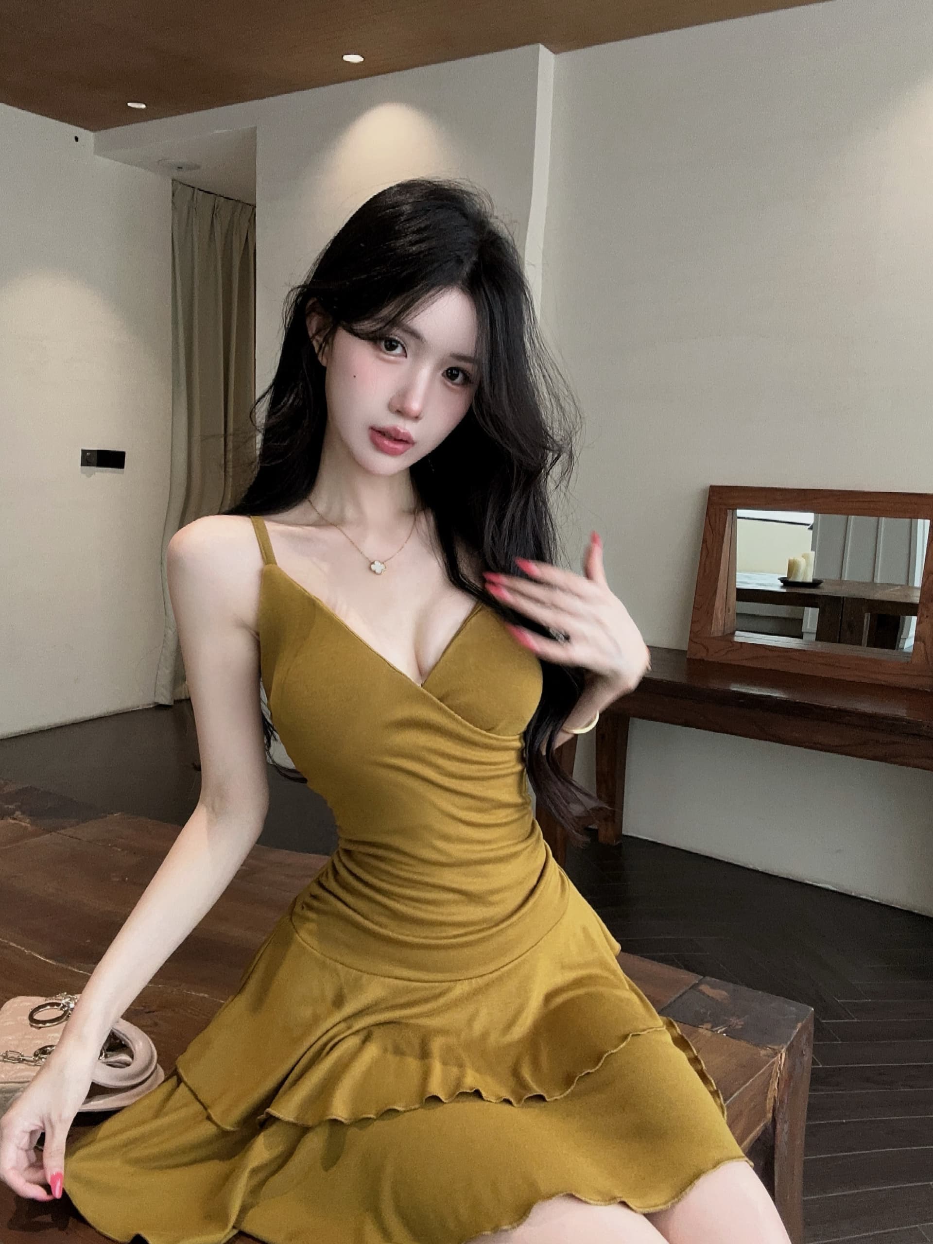 실사 V넥 좋은 슬립 여성 드레스 주름 허리 수축 이중층 연꽃 잎 미니 스커트 핫걸 데이트 반신 케이크 드레스 상세 이미지 15