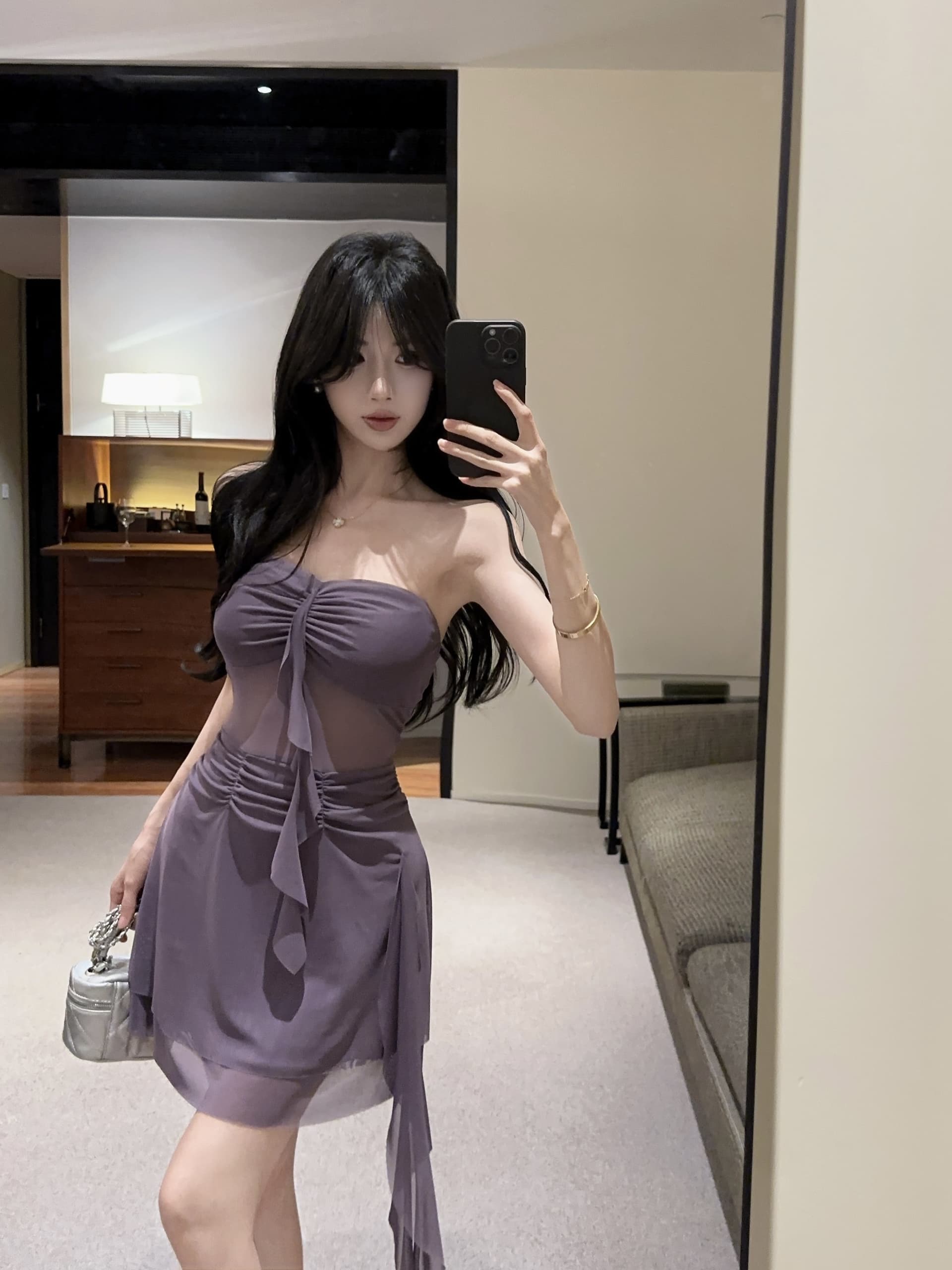 실사 오프숄더 튜브탑 순수한 욕망 바람 치마 시스루 망사 허리 수축 불규칙 밑단 보라색 섹시함 미니 스커트 상세 이미지 9