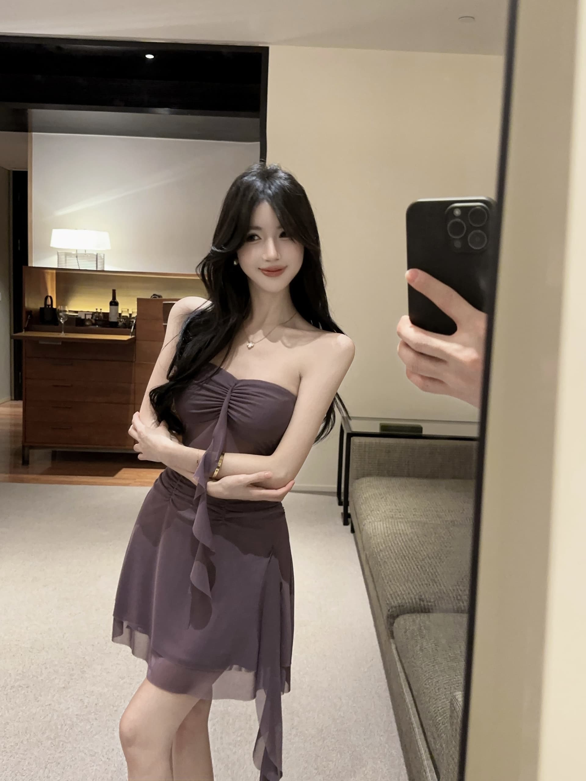 실사 오프숄더 튜브탑 순수한 욕망 바람 치마 시스루 망사 허리 수축 불규칙 밑단 보라색 섹시함 미니 스커트 상세 이미지 10