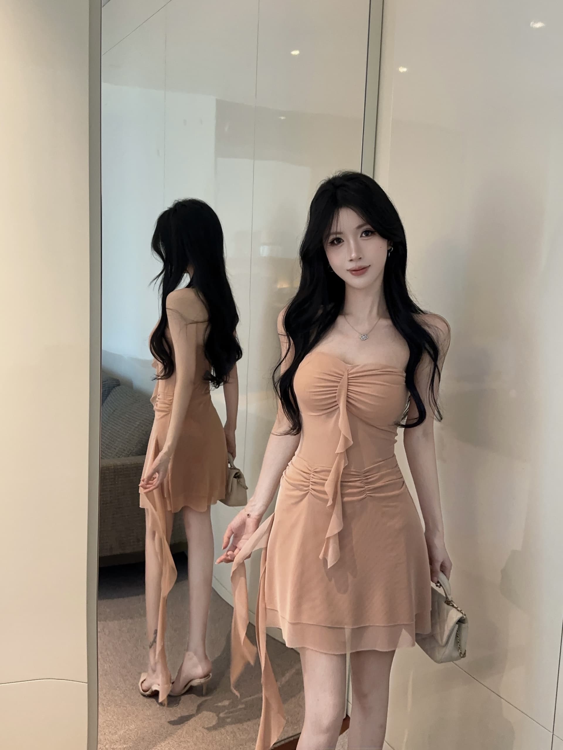 실사 오프숄더 튜브탑 순수한 욕망 바람 치마 시스루 망사 허리 수축 불규칙 밑단 보라색 섹시함 미니 스커트 상세 이미지 24