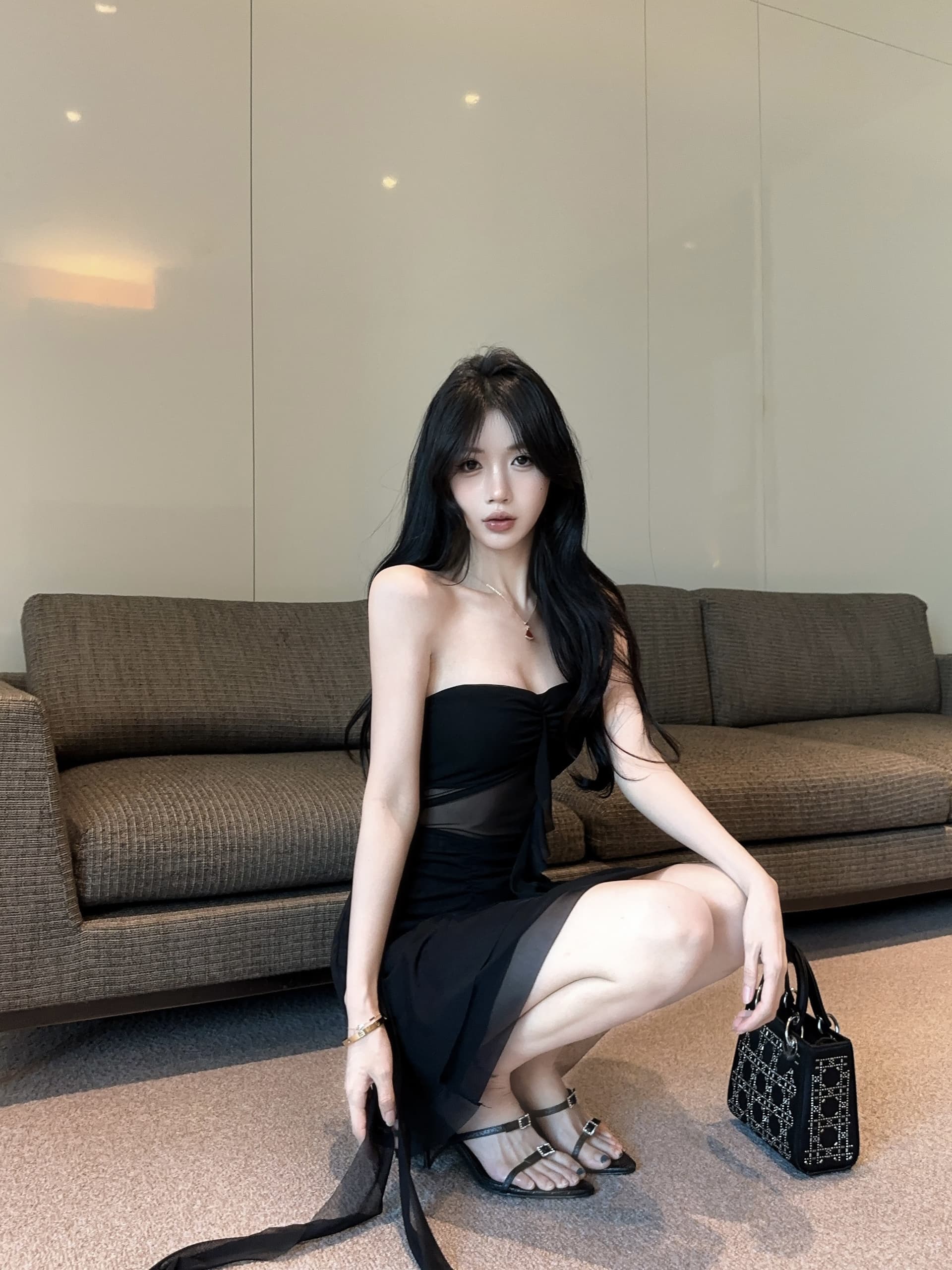 실사 오프숄더 튜브탑 순수한 욕망 바람 치마 시스루 망사 허리 수축 불규칙 밑단 보라색 섹시함 미니 스커트 상세 이미지 31