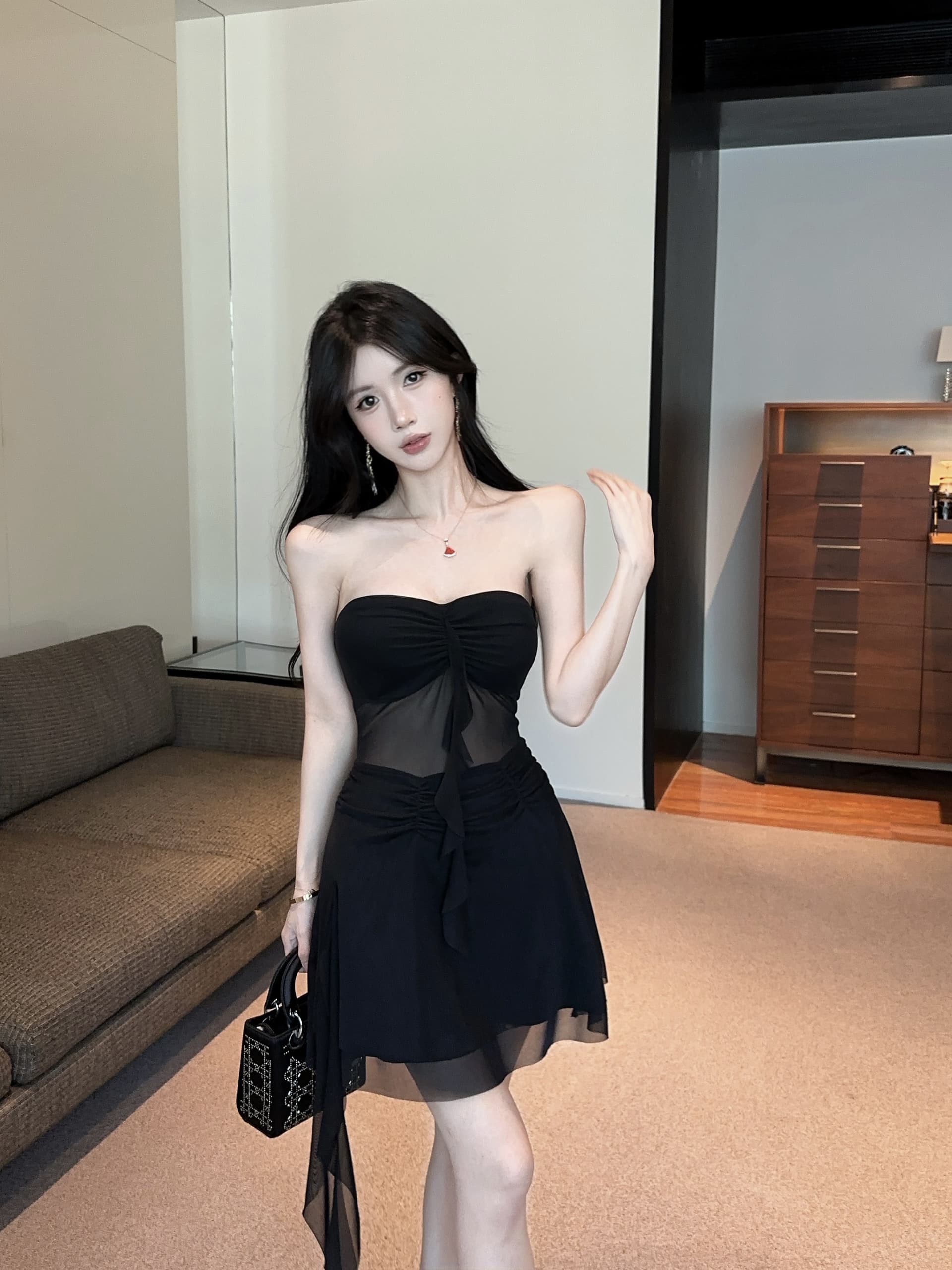 실사 오프숄더 튜브탑 순수한 욕망 바람 치마 시스루 망사 허리 수축 불규칙 밑단 보라색 섹시함 미니 스커트 상세 이미지 33