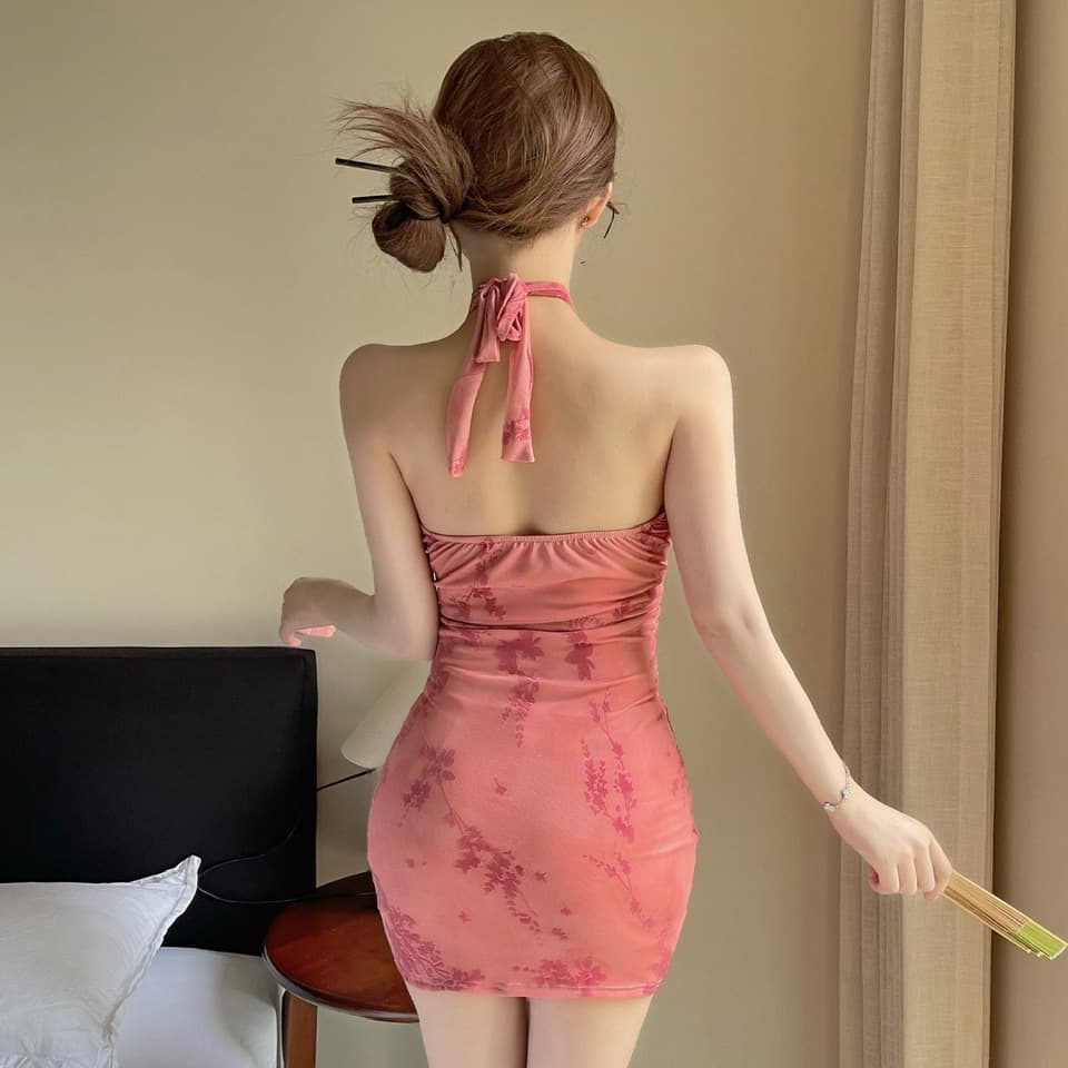 실사 새로운 중식 행침 목 꽃무늬 타이트 스커트 미니 스커트 여성 순수한 욕망 홀로우 아웃 주름 허리 수축 분위기 센스 개선 치파오 드레스 이미지 4