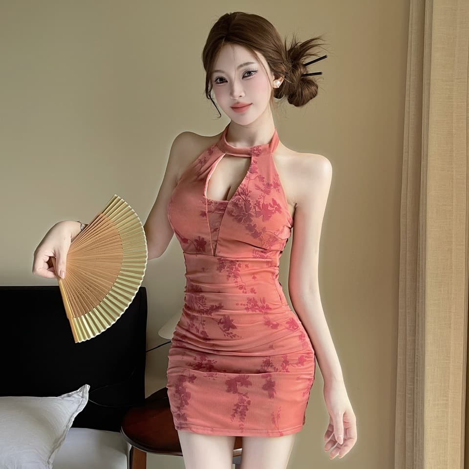 실사 새로운 중식 행침 목 꽃무늬 타이트 스커트 미니 스커트 여성 순수한 욕망 홀로우 아웃 주름 허리 수축 분위기 센스 개선 치파오 드레스 이미지 2