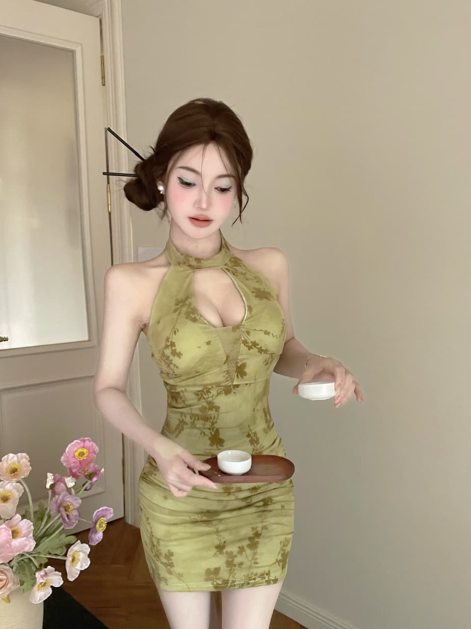 실사 새로운 중식 행침 목 꽃무늬 타이트 스커트 미니 스커트 여성 순수한 욕망 홀로우 아웃 주름 허리 수축 분위기 센스 개선 치파오 드레스 상세 이미지 3