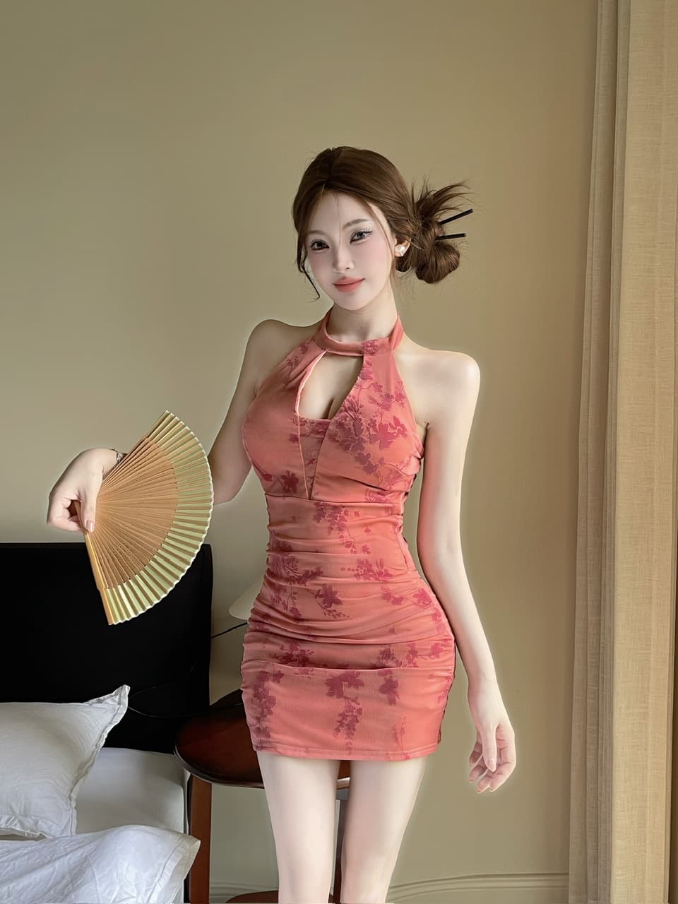 실사 새로운 중식 행침 목 꽃무늬 타이트 스커트 미니 스커트 여성 순수한 욕망 홀로우 아웃 주름 허리 수축 분위기 센스 개선 치파오 드레스 상세 이미지 22