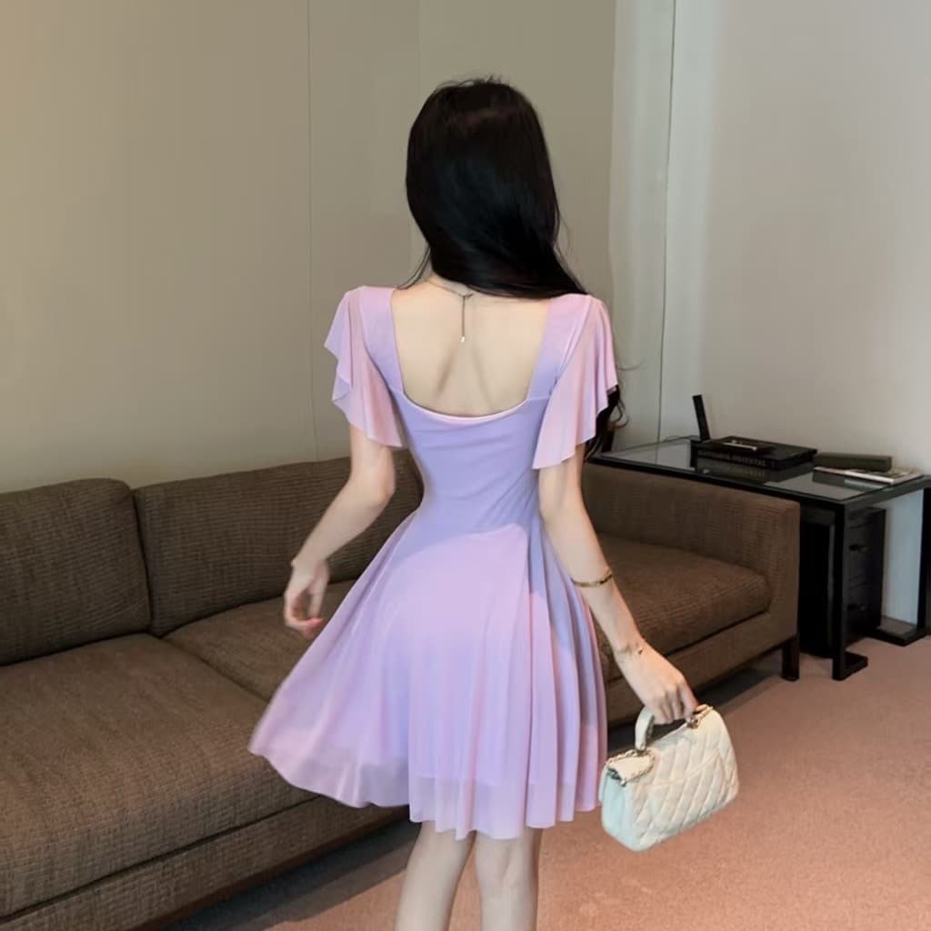 실사 순수한 욕망 V넥 비틀림 드레스 여름 Feifei 소매 허리 수축 주름 슬림해 보이는 쇼트 스타일 데이트 요정 미니 스커트 이미지 2