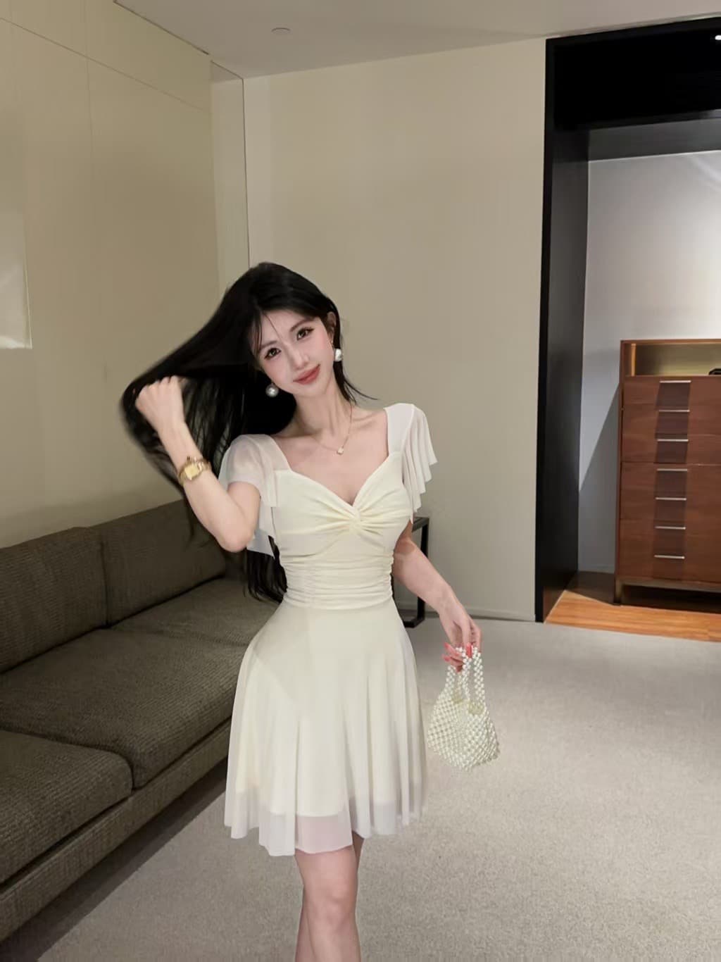 실사 순수한 욕망 V넥 비틀림 드레스 여름 Feifei 소매 허리 수축 주름 슬림해 보이는 쇼트 스타일 데이트 요정 미니 스커트 상세 이미지 16