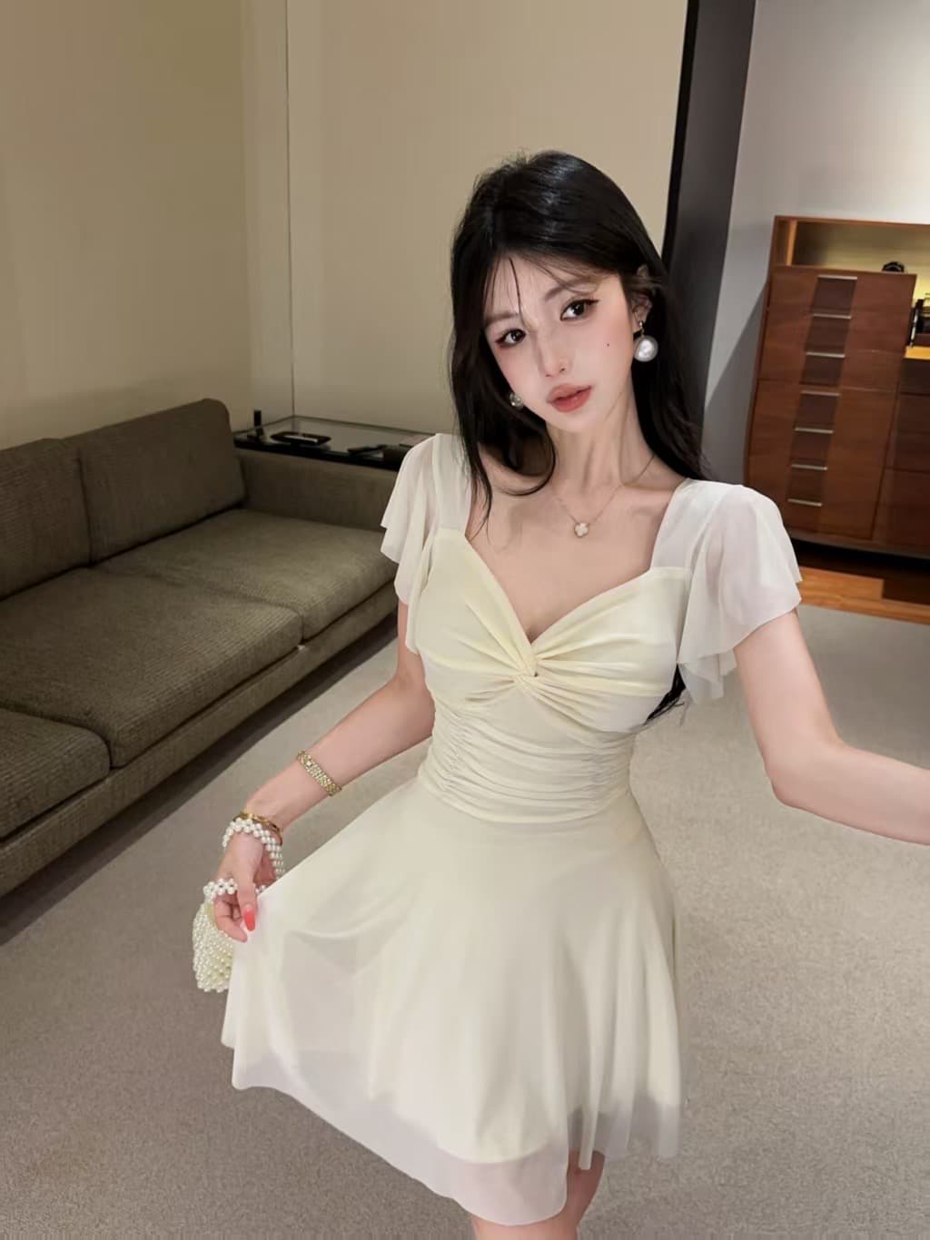 실사 순수한 욕망 V넥 비틀림 드레스 여름 Feifei 소매 허리 수축 주름 슬림해 보이는 쇼트 스타일 데이트 요정 미니 스커트 상세 이미지 22